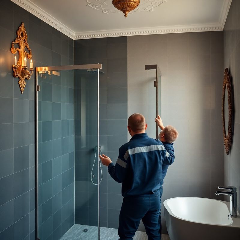 Dva technici instalují skleněný sprchový kout v moderní koupelně